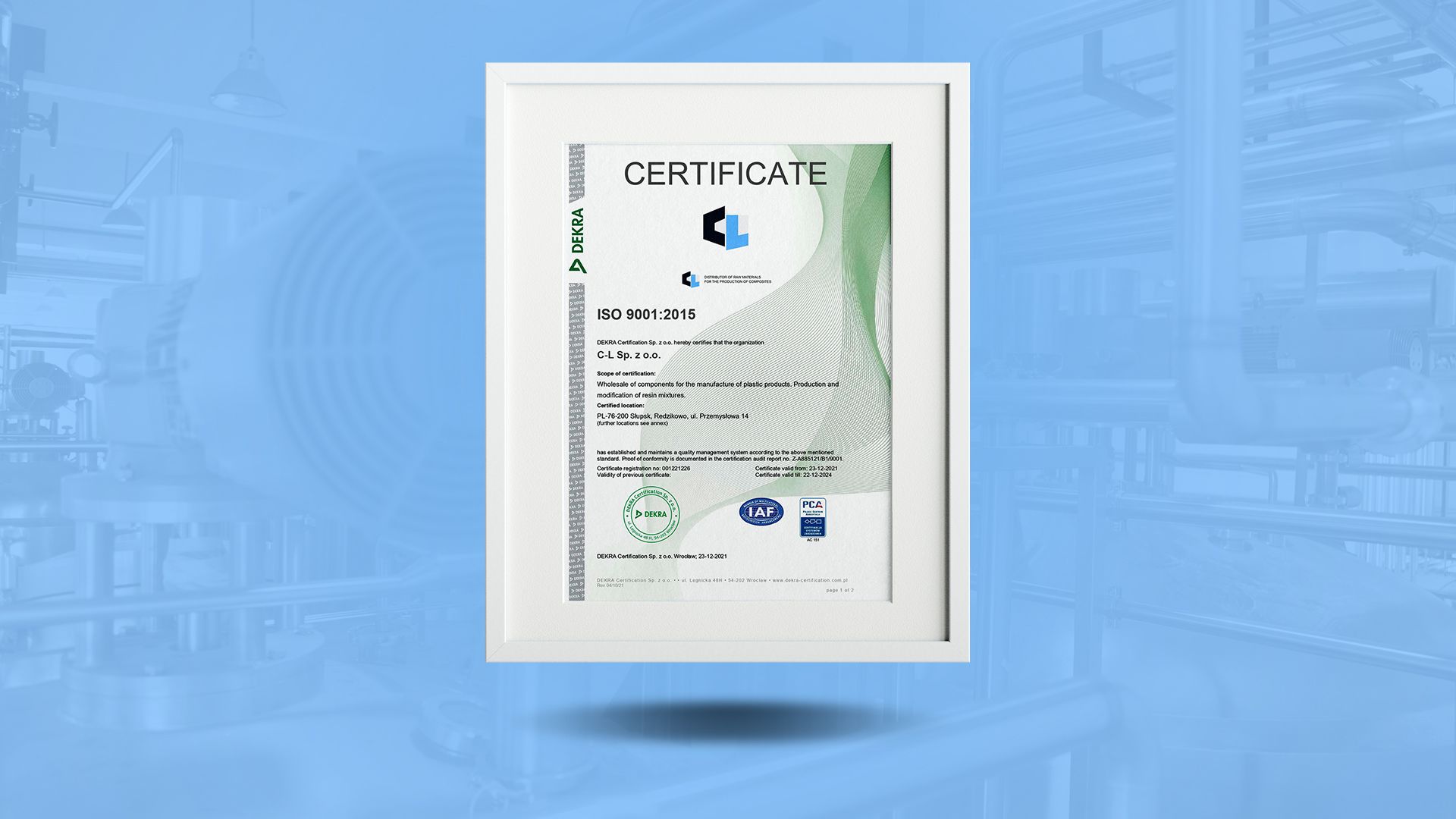 C-L Sp. Z o.o z certyfikatem jakości ISO 9001